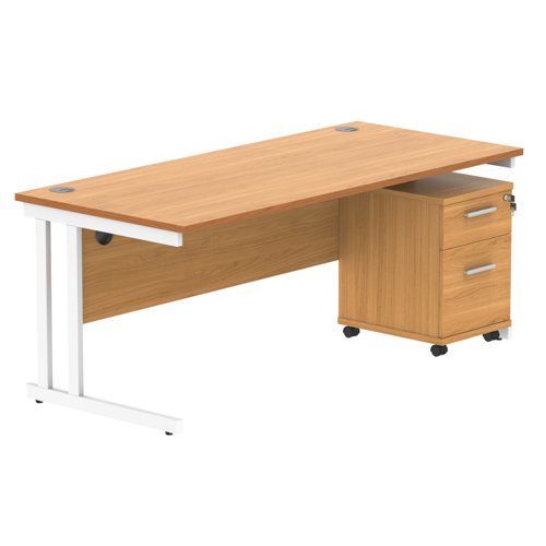 Double Upright Rectangular Desk + 2 Drawer Mobile Under Desk Pedestal 1800X800 Norwegian Beech/White