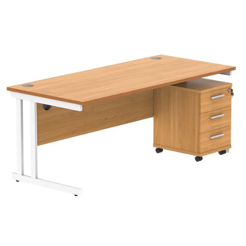 Double Upright Rectangular Desk + 3 Drawer Mobile Under Desk Pedestal 1800X800 Norwegian Beech/White