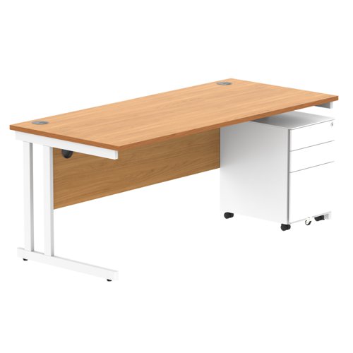 Double Upright Rectangular Desk + Under Desk Steel Pedestal 3 Drawers 1800X800 Norwegian Beech/White