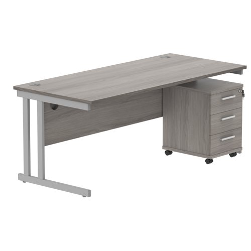 Double Upright Rectangular Desk + 3 Drawer Mobile Under Desk Pedestal 1800X800 Alaskan Grey Oak/Silver