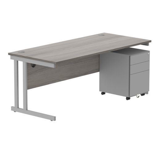 Double Upright Rectangular Desk + Under Desk Steel Pedestal 3 Drawers 1800X800 Alaskan Grey Oak/Silver