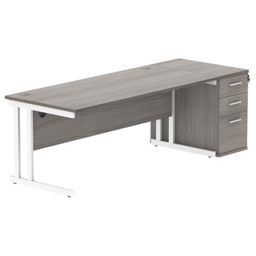 Double Upright Rectangular Desk + Desk High Pedestal 1800X800 Alaskan Grey Oak/Silver