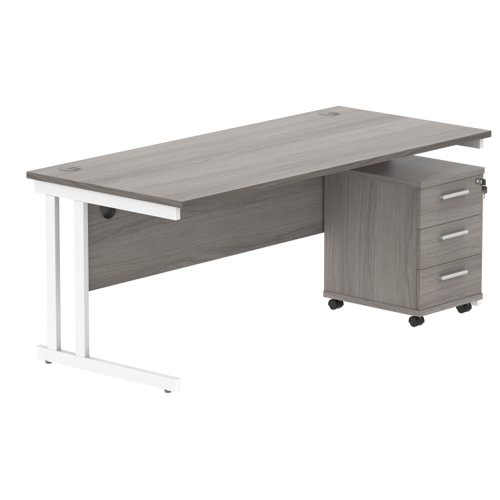Double Upright Rectangular Desk + 3 Drawer Mobile Under Desk Pedestal 1800X800 Alaskan Grey Oak/White