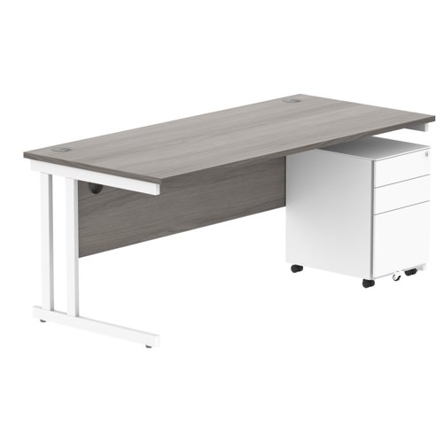 Double Upright Rectangular Desk + Under Desk Steel Pedestal 3 Drawers 1800X800 Alaskan Grey Oak/White