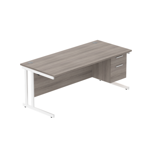Office Rectangular Desk with Steel Double Upright Cantilever Legs + 2 Drawer Fixed Pedestal  1800X800 Alaskan Grey Oak/White