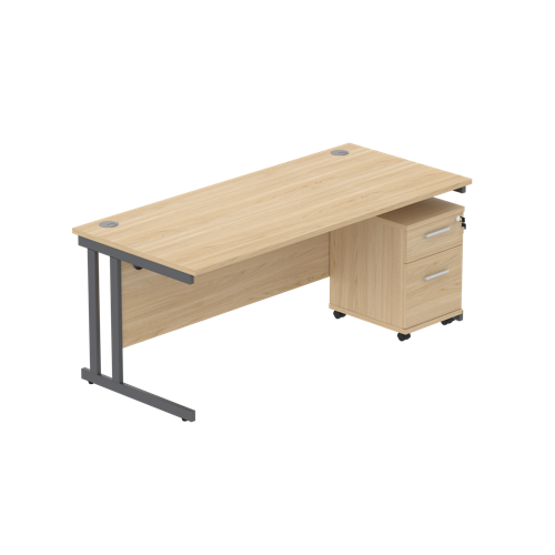 Double Upright Rectangular Desk + 2 Drawer Mobile Under Desk Pedestal  1800X800 Canadian Oak/Graphite