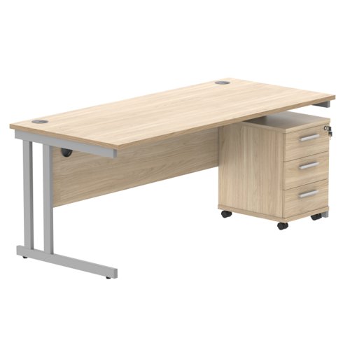 Double Upright Rectangular Desk + 3 Drawer Mobile Under Desk Pedestal 1800X800 Canadian Oak/Silver