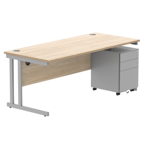 Double Upright Rectangular Desk + Under Desk Steel Pedestal 3 Drawers 1800X800 Canadian Oak/Silver
