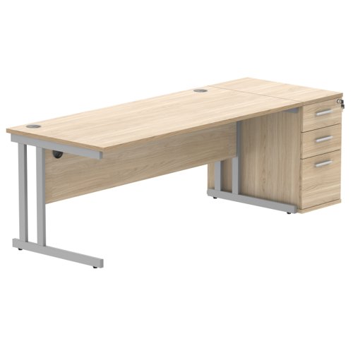 Double Upright Rectangular Desk + Desk High Pedestal 1800X800 Canadian Oak/Silver