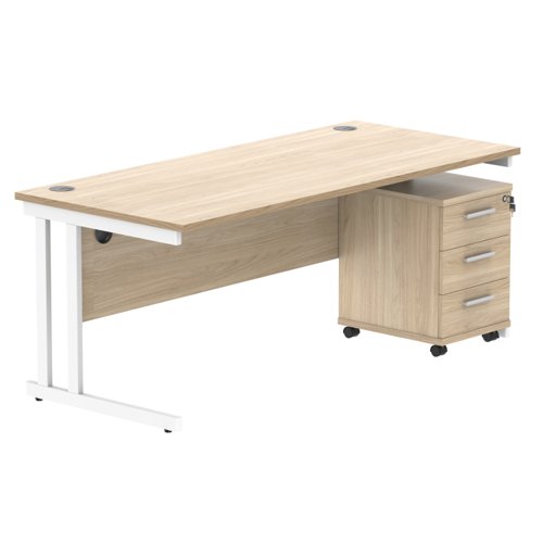Double Upright Rectangular Desk + 3 Drawer Mobile Under Desk Pedestal 1800X800 Canadian Oak/White