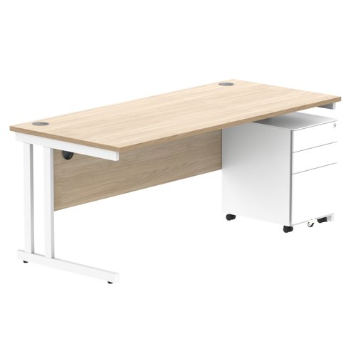 Double Upright Rectangular Desk + Under Desk Steel Pedestal 3 Drawers 1800X800 Canadian Oak/White