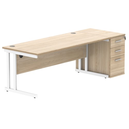 Double Upright Rectangular Desk + Desk High Pedestal 1800X800 Canadian Oak/White