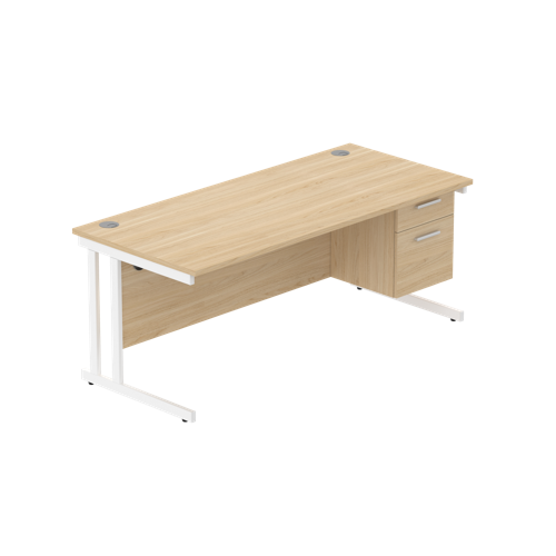 Office Rectangular Desk with Steel Double Upright Cantilever Legs + 2 Drawer Fixed Pedestal  1800X800 Canadian Oak/White