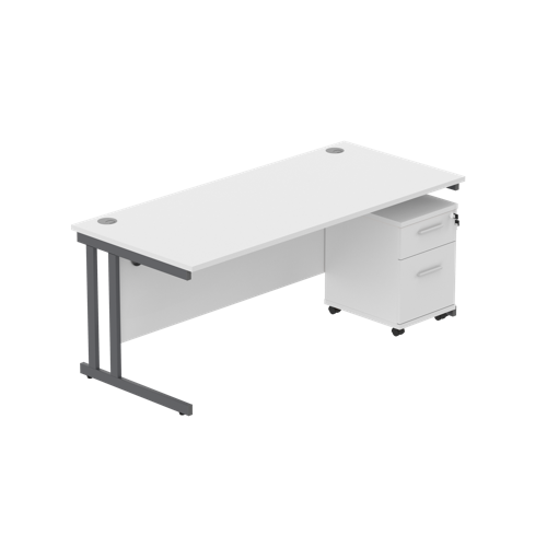 Double Upright Rectangular Desk + 2 Drawer Mobile Under Desk Pedestal  1800X800 Arctic White/Graphite