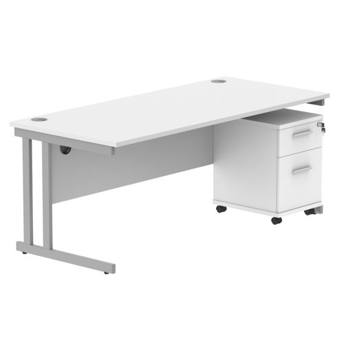 Double Upright Rectangular Desk + 2 Drawer Mobile Under Desk Pedestal 1800X800 Arctic White/Silver