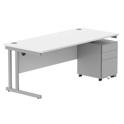 Double Upright Rectangular Desk + Under Desk Steel Pedestal 3 Drawers 1800X800 Arctic White/Silver
