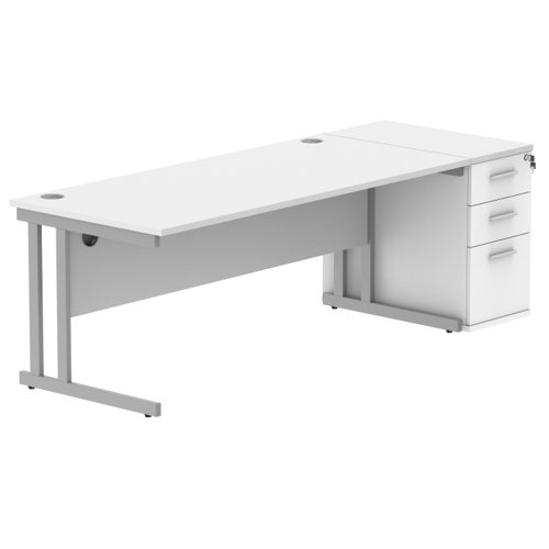Double Upright Rectangular Desk + Desk High Pedestal 1800X800 Arctic White/Silver
