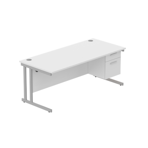 Office Rectangular Desk with Steel Double Upright Cantilever Legs + 2 Drawer Fixed Pedestal  1800X800 Arctic White/Silver