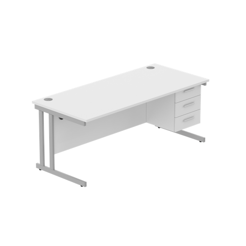 Office Rectangular Desk with Steel Double Upright Cantilever Legs + 3 Drawer Fixed Pedestal  1800X800 Arctic White/Silver