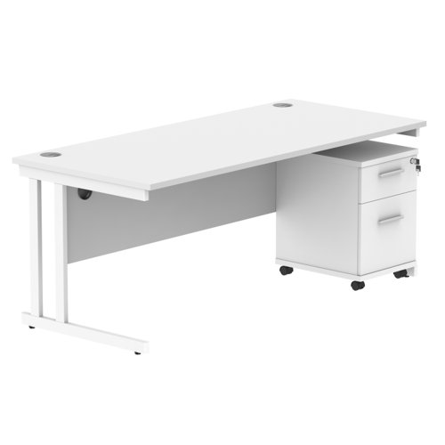 Double Upright Rectangular Desk + 2 Drawer Mobile Under Desk Pedestal 1800X800 Arctic White/White