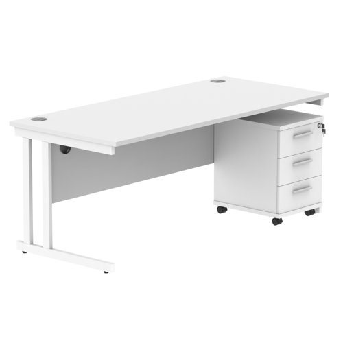 Double Upright Rectangular Desk + 3 Drawer Mobile Under Desk Pedestal 1800X800 Arctic White/White
