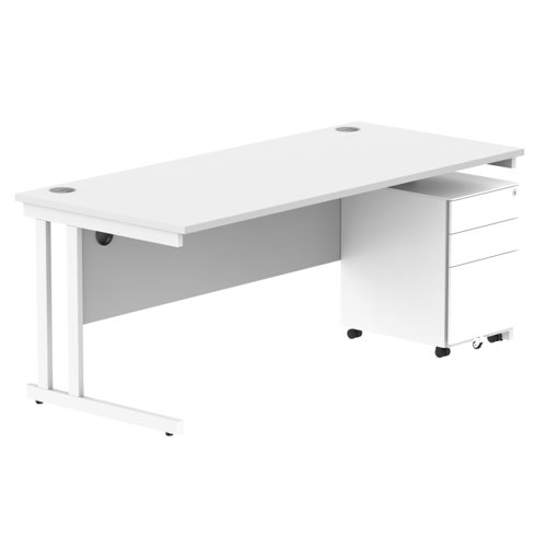 Double Upright Rectangular Desk + Under Desk Steel Pedestal 3 Drawers 1800X800 Arctic White/White