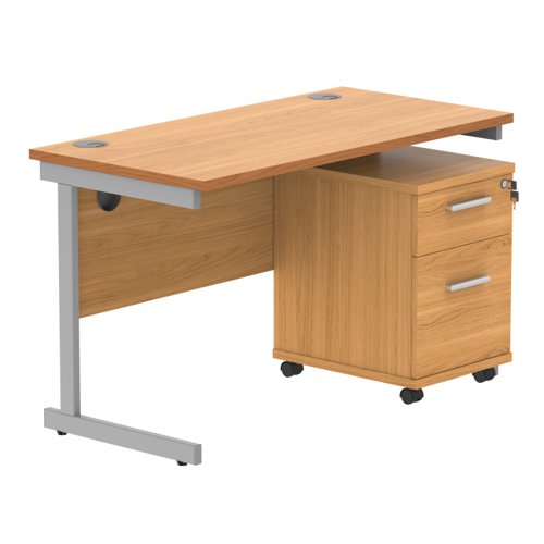 Single Upright Rectangular Desk + 2 Drawer Mobile Under Desk Pedestal (FSC) 1200 X 600 Norwegian Beech/Silver