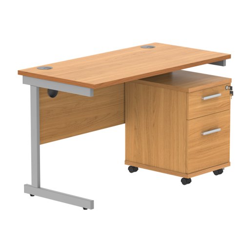 Single Upright Rectangular Desk + 2 Drawer Mobile Under Desk Pedestal 1200 X 600 Norwegian Beech/Silver