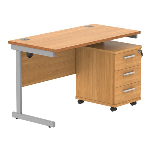 Single Upright Rectangular Desk + 3 Drawer Mobile Under Desk Pedestal (FSC) 1200 X 600 Norwegian Beech/Silver