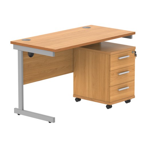 Single Upright Rectangular Desk + 3 Drawer Mobile Under Desk Pedestal 1200 X 600 Norwegian Beech/Silver