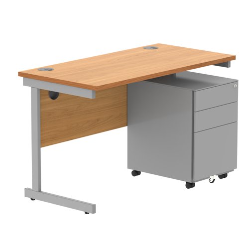 CORE Single Upright Rectangular Desk + Under Desk Steel Pedestal 3 Drawers 1200 X 600 Norwegian Beech/Silver
