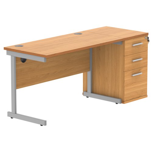 Single Upright Rectangular Desk + Desk High Pedestal 1200 X 600 Norwegian Beech/Silver