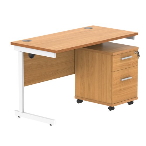 Single Upright Rectangular Desk + 2 Drawer Mobile Under Desk Pedestal 1200 X 600 Norwegian Beech/White