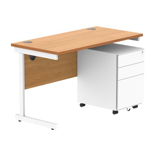 CORE Single Upright Rectangular Desk + Under Desk Steel Pedestal 3 Drawers 1200 X 600 Norwegian Beech/White