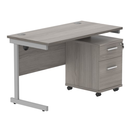 Single Upright Rectangular Desk + 2 Drawer Mobile Under Desk Pedestal 1200 X 600 Alaskan Grey Oak/Silver
