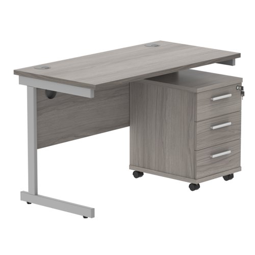 Single Upright Rectangular Desk + 3 Drawer Mobile Under Desk Pedestal 1200 X 600 Alaskan Grey Oak/Silver
