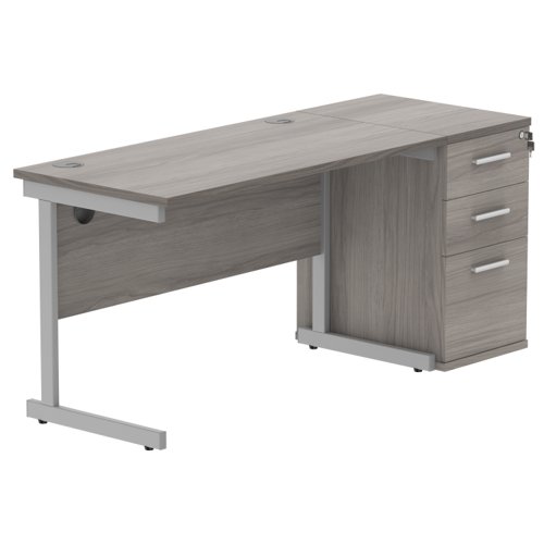 Single Upright Rectangular Desk + Desk High Pedestal (FSC) 1200 X 600 Alaskan Grey Oak/Silver