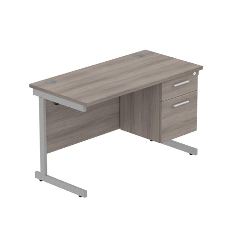 Office Rectangular Desk with Steel Single Upright Cantilever Legs + 2 Drawer Fixed Pedestal (FSC) 1200X600 Alaskan Grey Oak/Silver