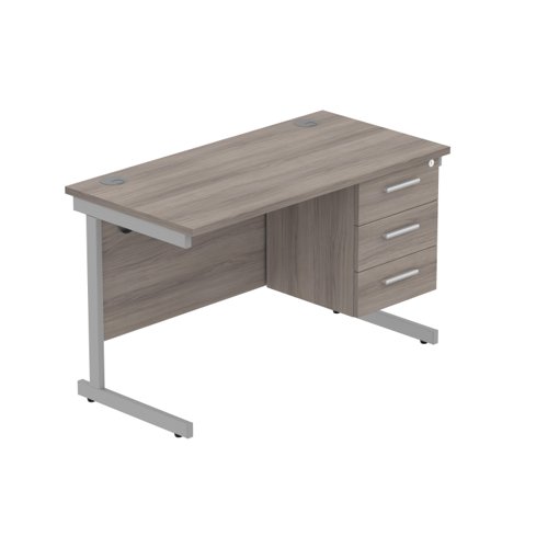 Office Rectangular Desk with Steel Single Upright Cantilever Legs + 3 Drawer Fixed Pedestal (FSC) 1200X600 Alaskan Grey Oak/Silver