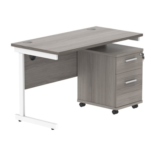 Single Upright Rectangular Desk + 2 Drawer Mobile Under Desk Pedestal (FSC) 1200 X 600 Alaskan Grey Oak/White