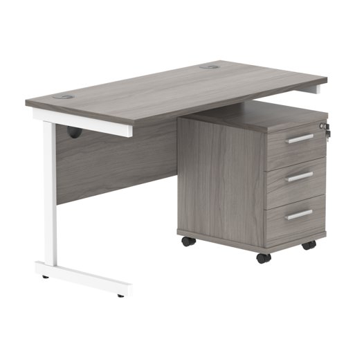 Single Upright Rectangular Desk + 3 Drawer Mobile Under Desk Pedestal 1200 X 600 Alaskan Grey Oak/White