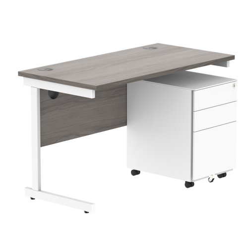 CORE Single Upright Rectangular Desk + Under Desk Steel Pedestal 3 Drawers 1200 X 600 Alaskan Grey Oak/White