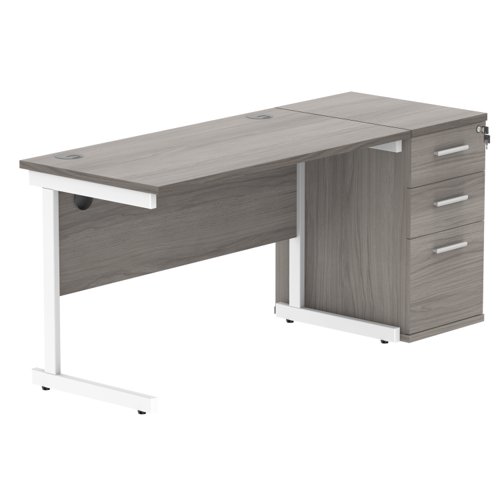 Single Upright Rectangular Desk + Desk High Pedestal (FSC) 1200 X 600 Alaskan Grey Oak/White