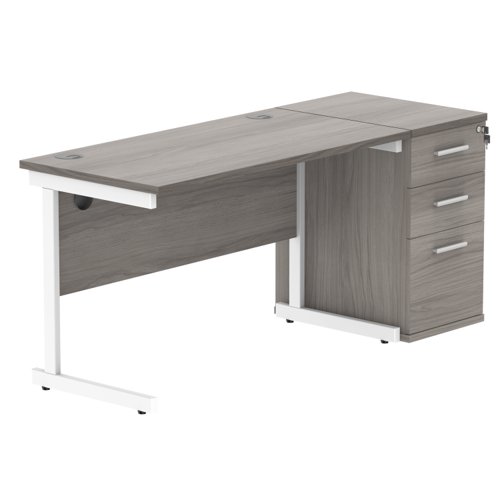 Single Upright Rectangular Desk + Desk High Pedestal 1200 X 600 Alaskan Grey Oak/White