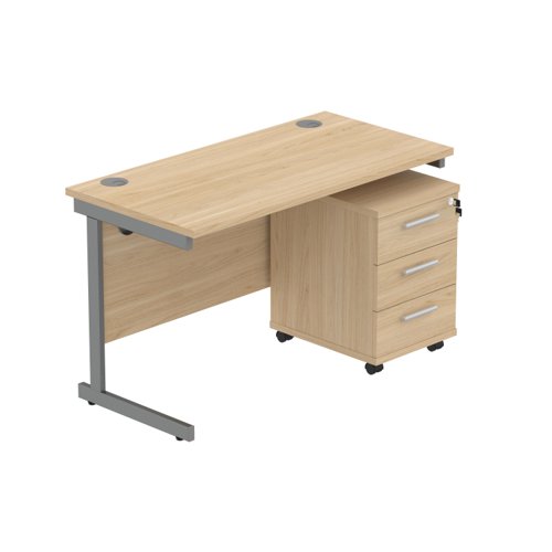 Single Upright Rectangular Desk + 3 Drawer Mobile Under Desk Pedestal (FSC) 1200 X 600 Canadian Oak/Graphite