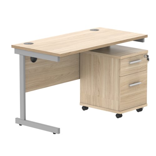 Single Upright Rectangular Desk + 2 Drawer Mobile Under Desk Pedestal 1200 X 600 Canadian Oak/Silver