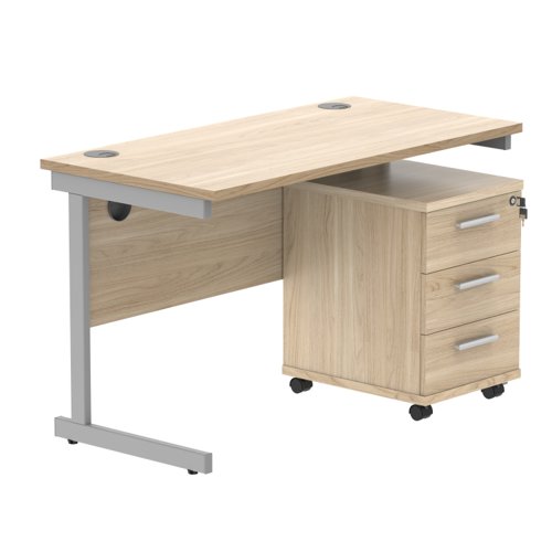 Single Upright Rectangular Desk + 3 Drawer Mobile Under Desk Pedestal 1200 X 600 Canadian Oak/Silver