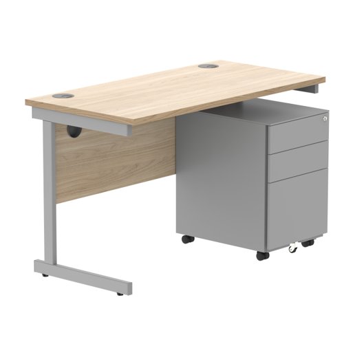 CORE Single Upright Rectangular Desk + Under Desk Steel Pedestal 3 Drawers 1200 X 600 Canadian Oak/Silver