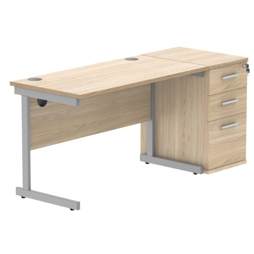 Single Upright Rectangular Desk + Desk High Pedestal (FSC) 1200 X 600 Canadian Oak/Silver