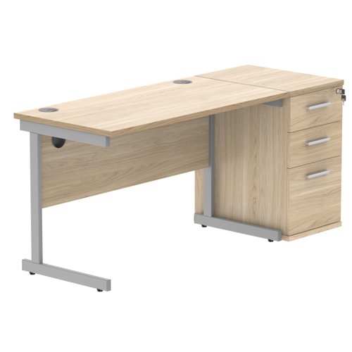 Single Upright Rectangular Desk + Desk High Pedestal 1200 X 600 Canadian Oak/Silver